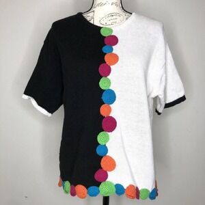 Vintage Mike & Me Knit Colorful Circle Crochet Short Sleeve Sweater size Large